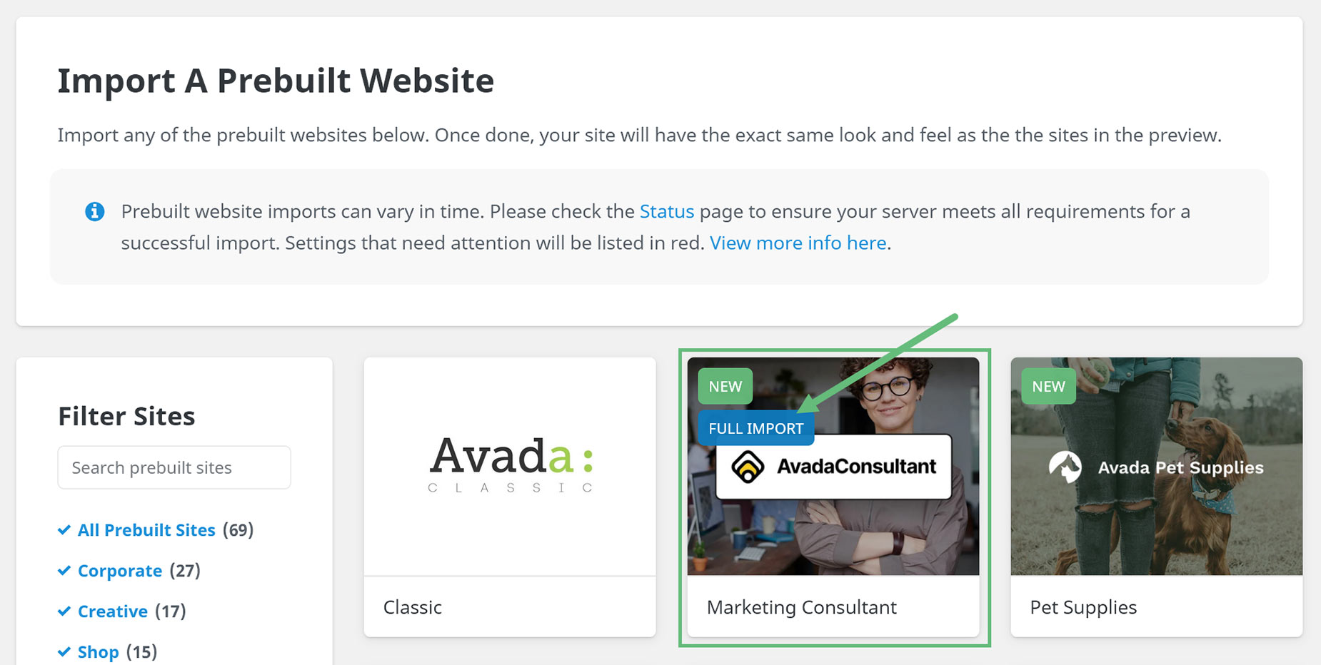 Avada Prebuilt Websites > Full Import