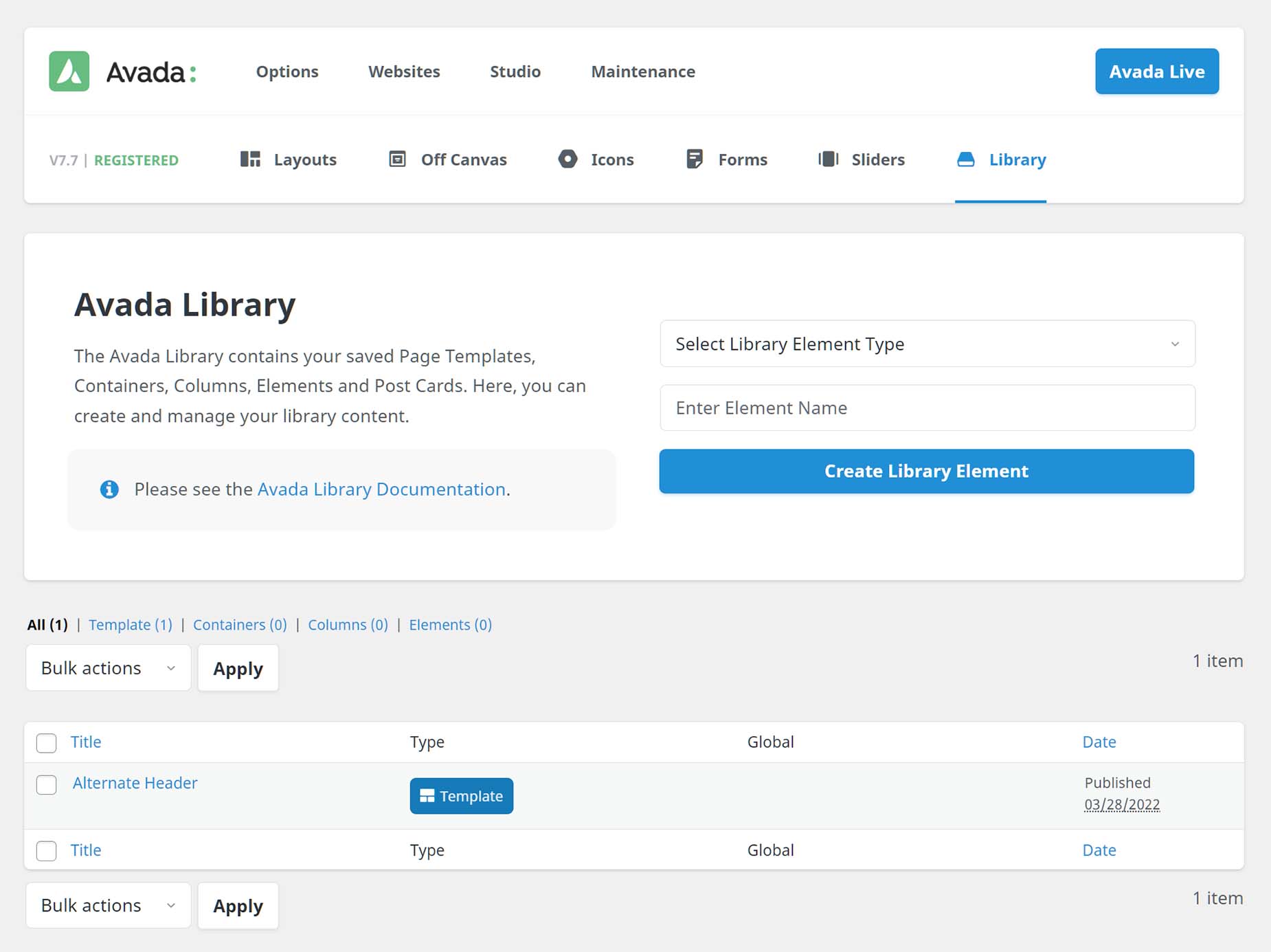 Avada Dashboard > Library