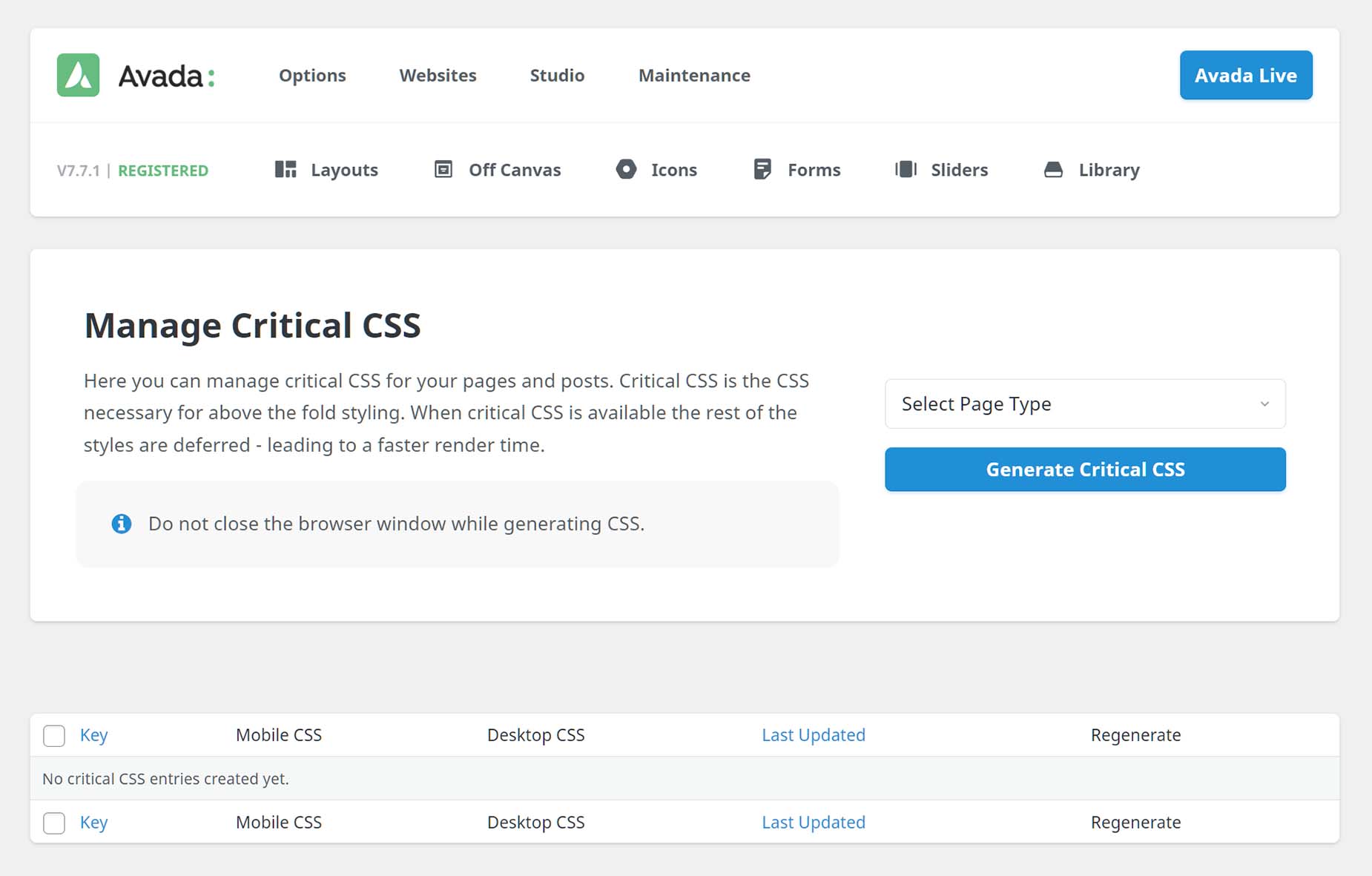 Maintenance > Critical CSS