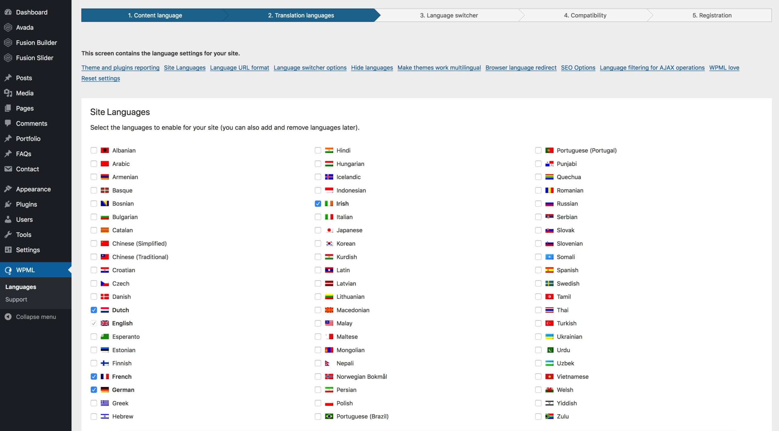 WPML Choose Languages Screen