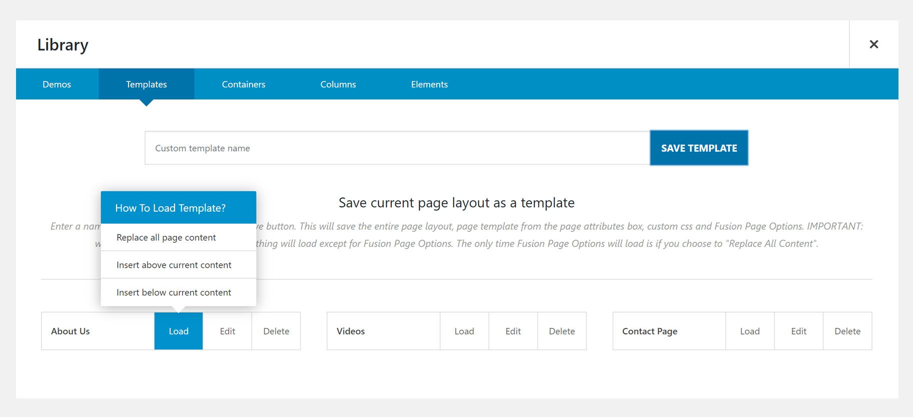Avada Builder Load Saved Template
