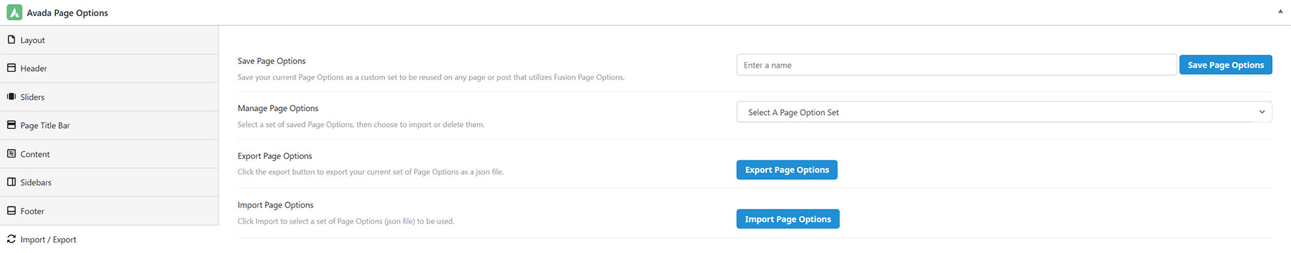 Avada Page Options > Import/Export