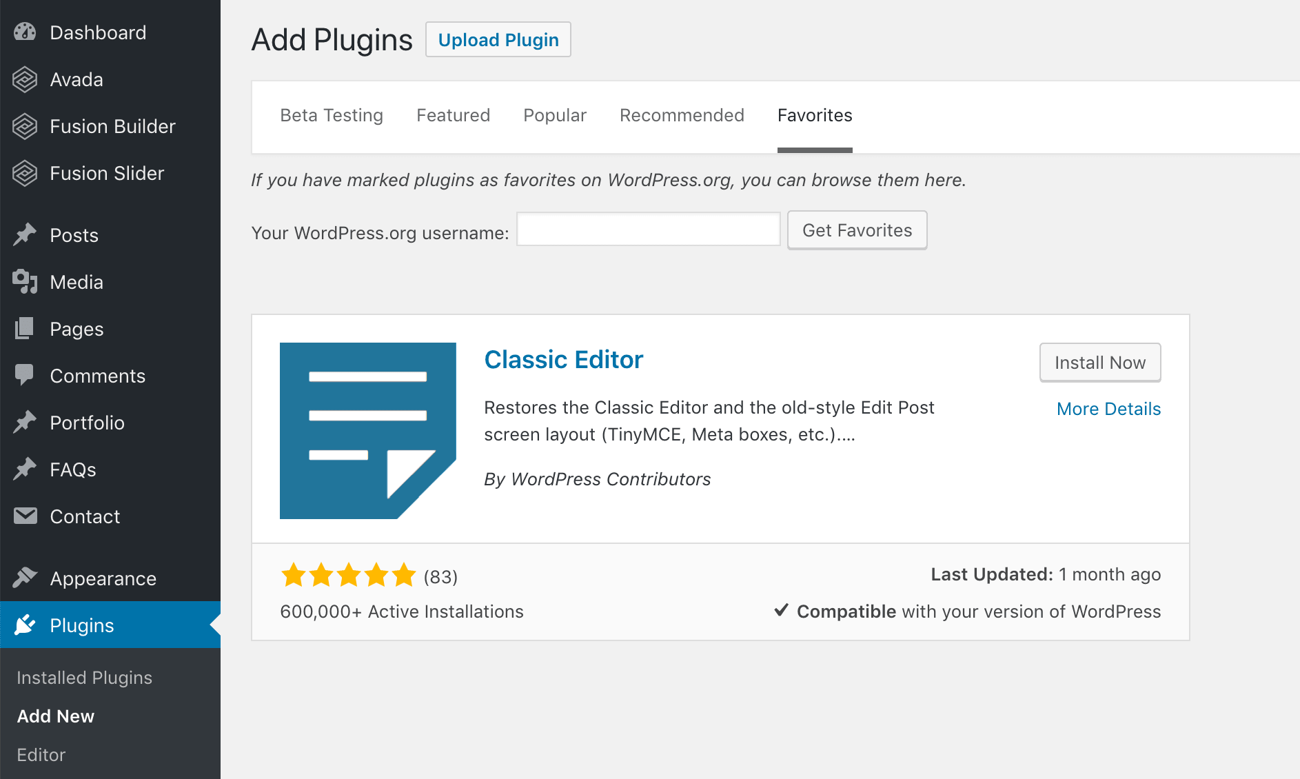 Install Classic Editor Plugin Screen