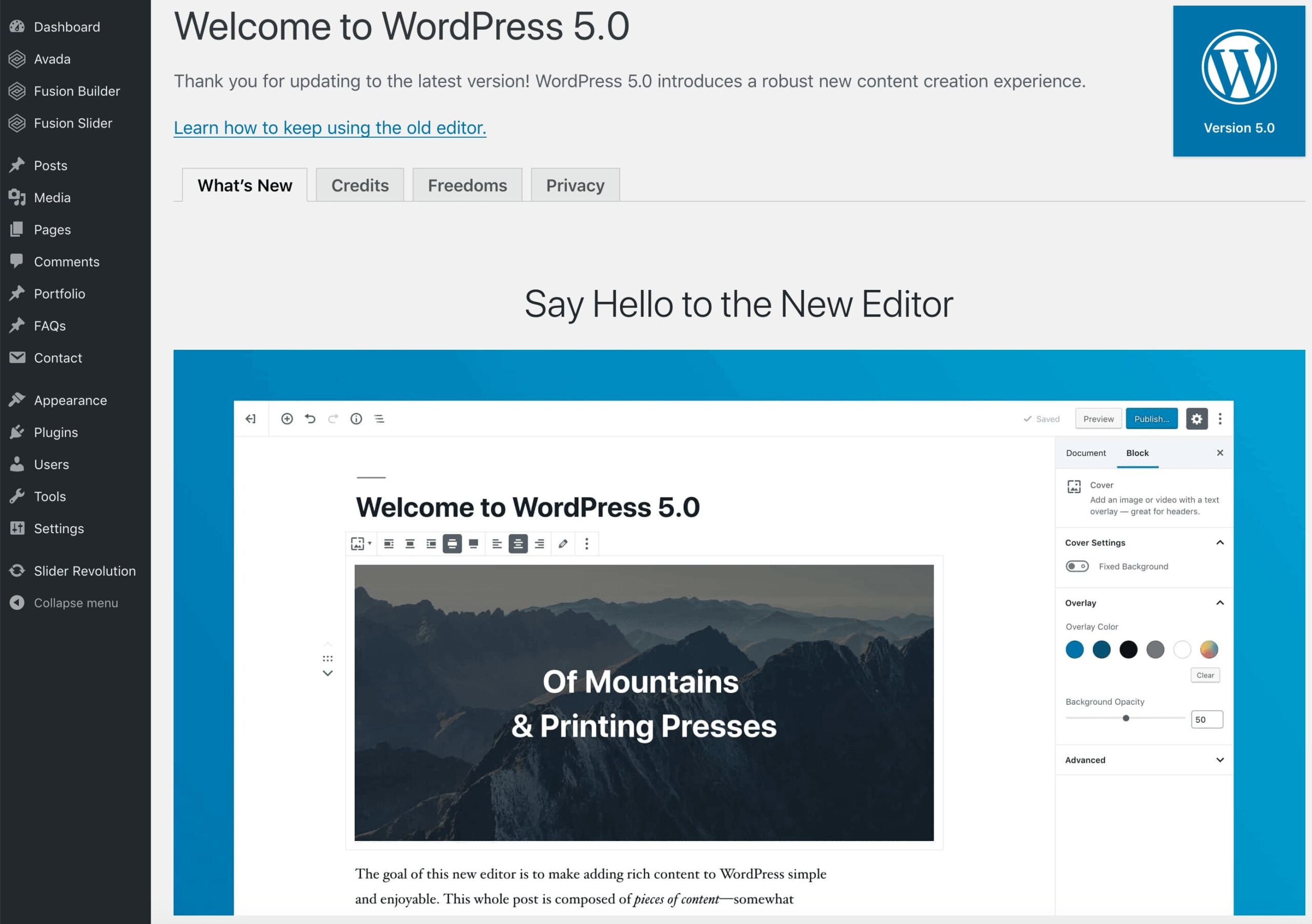 WordPress 5.0 Welcome Screen