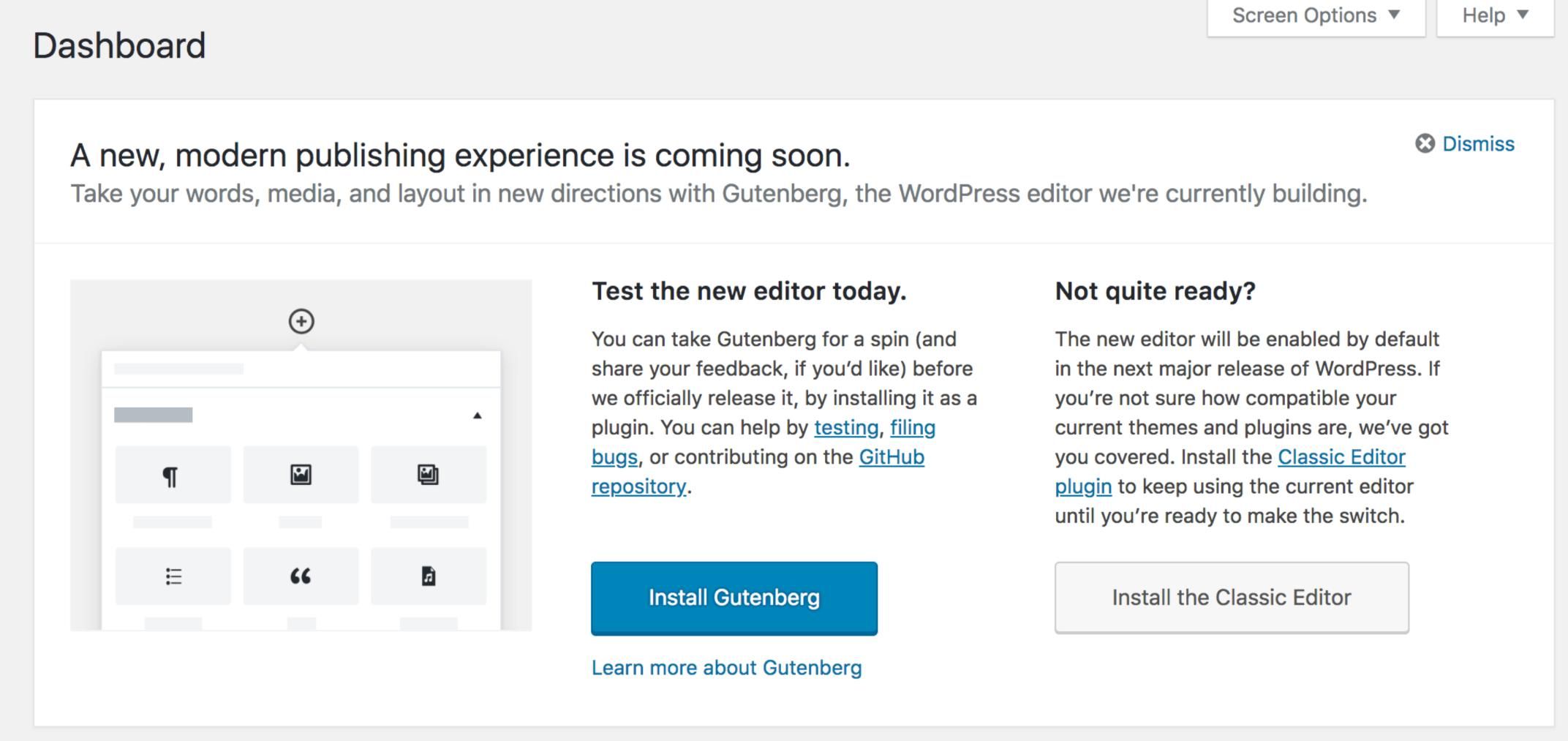 WordPress Gutenberg Dashboard Call Out