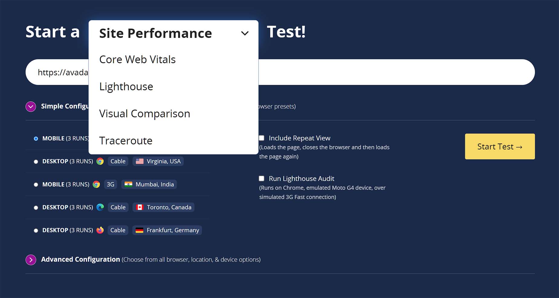 WebPageTest > Test Options