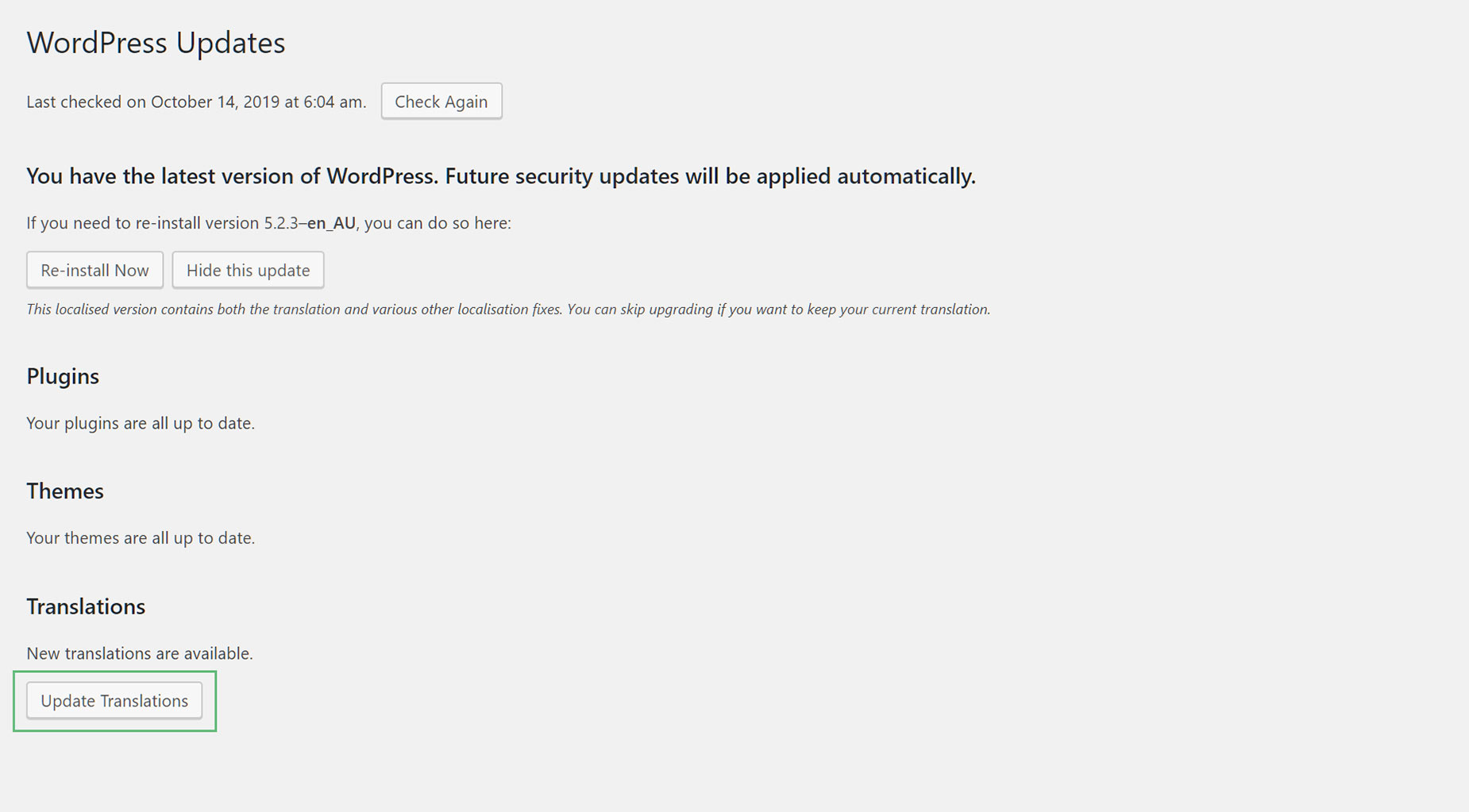 WordPress Updates Screen