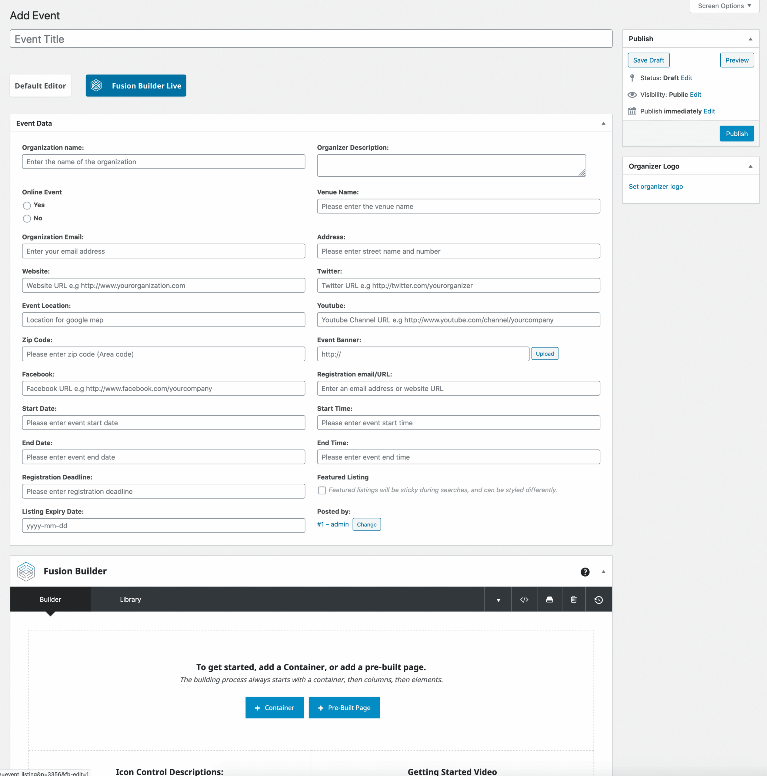 New Event Avada Builder Page Add Event Screen