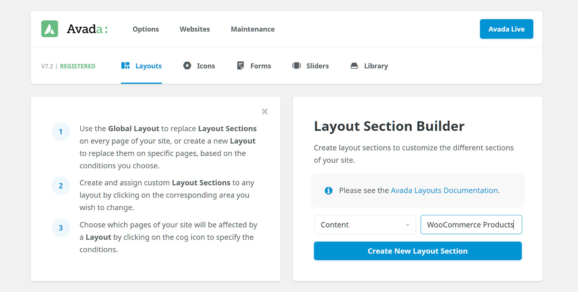 Layouts > Layout Section Builder