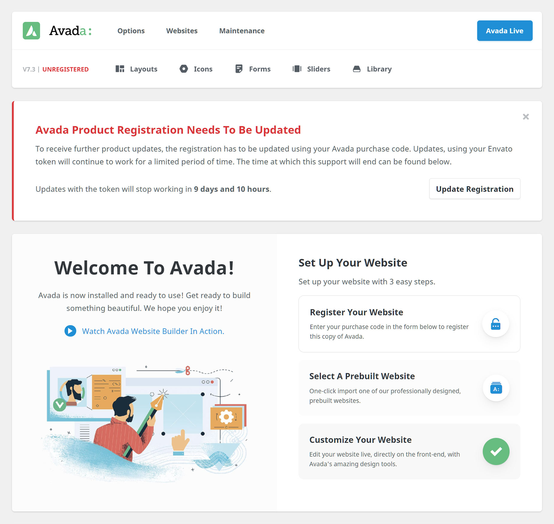 Avada 7.3 > Update Registration Notice