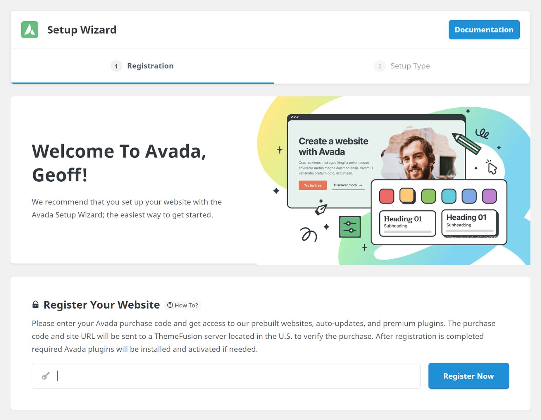 Avada Setup Wizard > Step 1 - Registration