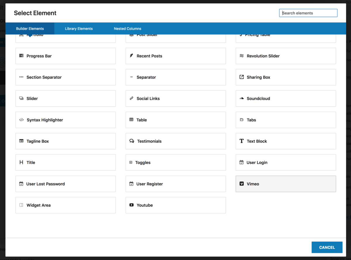 Fusion Builder Elements Screen