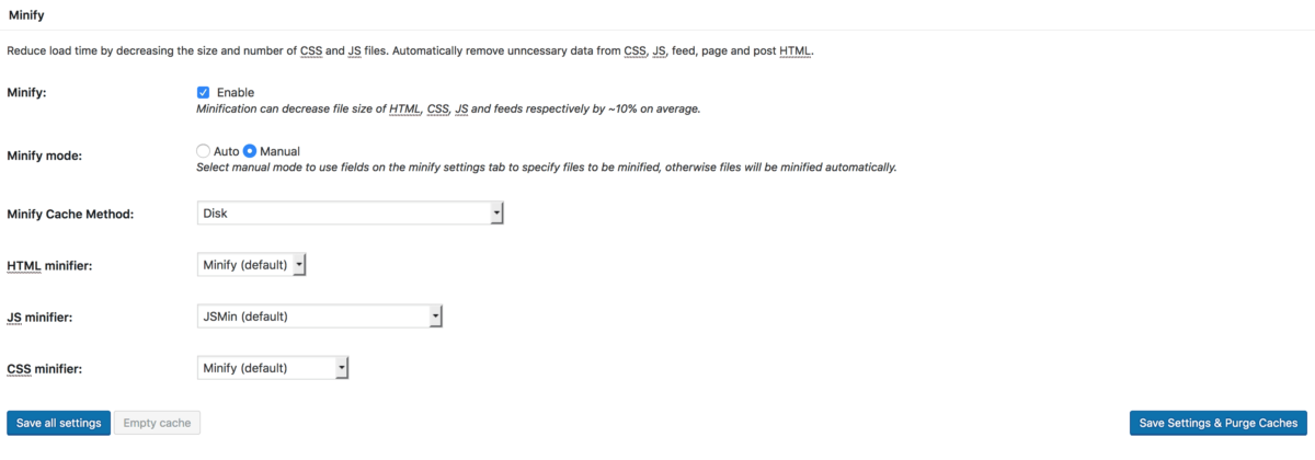 W3TC Minify Settings