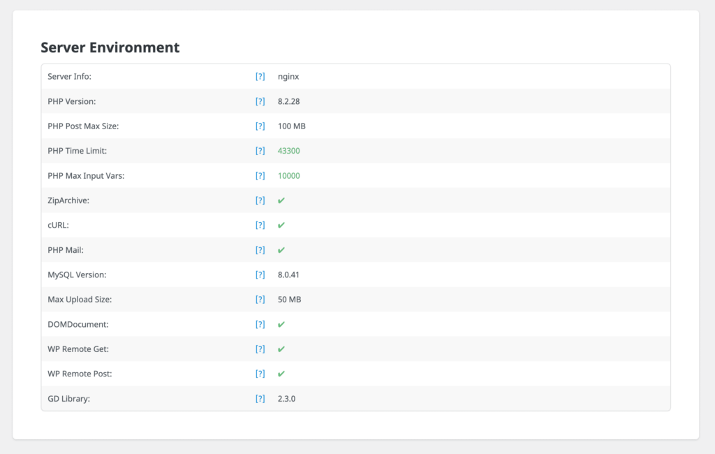 Avada Dashboard Server Status Values