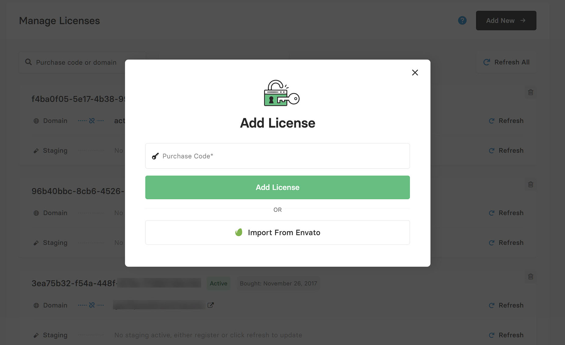My Avada > Manage Licenses > Add New License