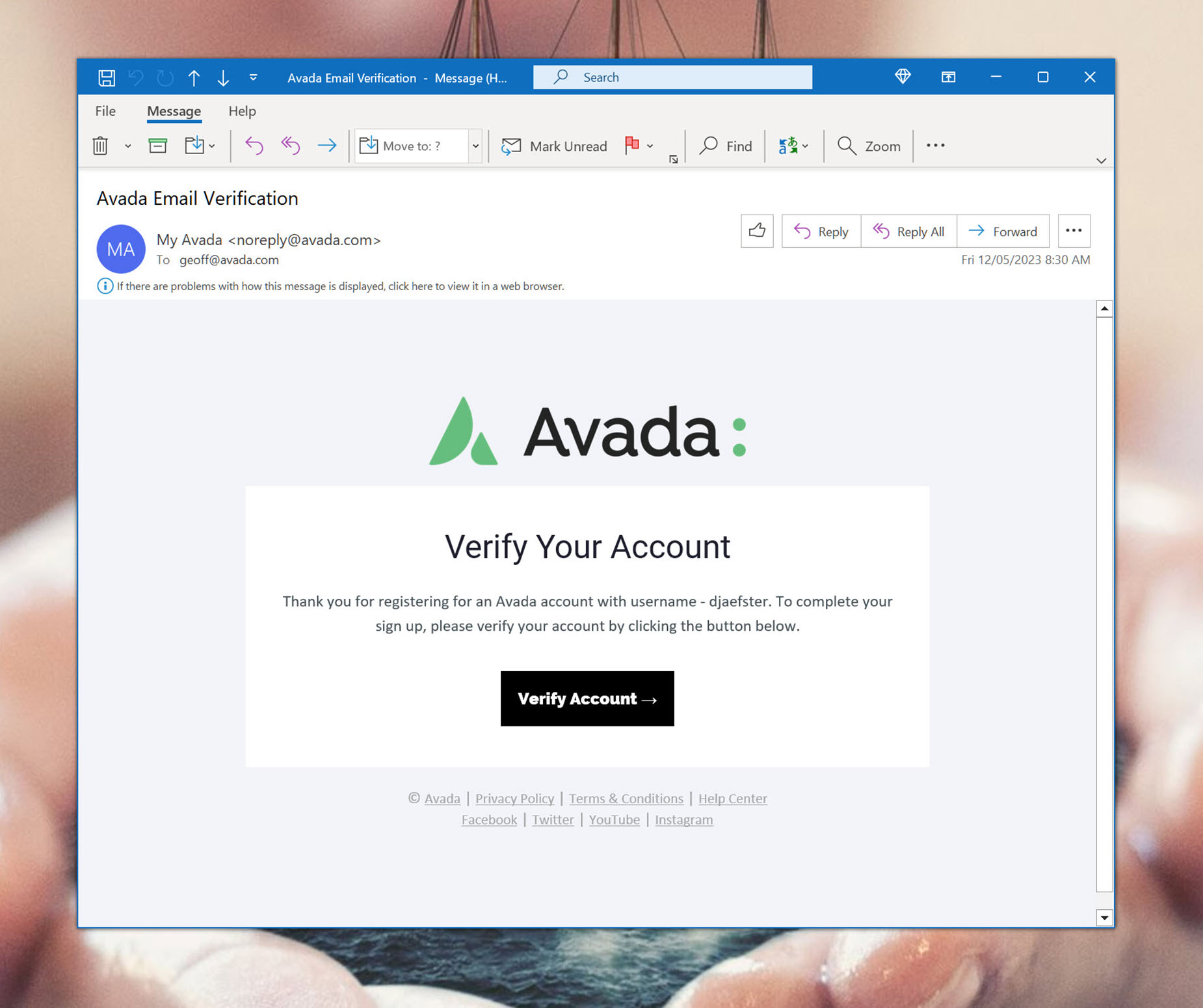 My Avada > Email Account Verification