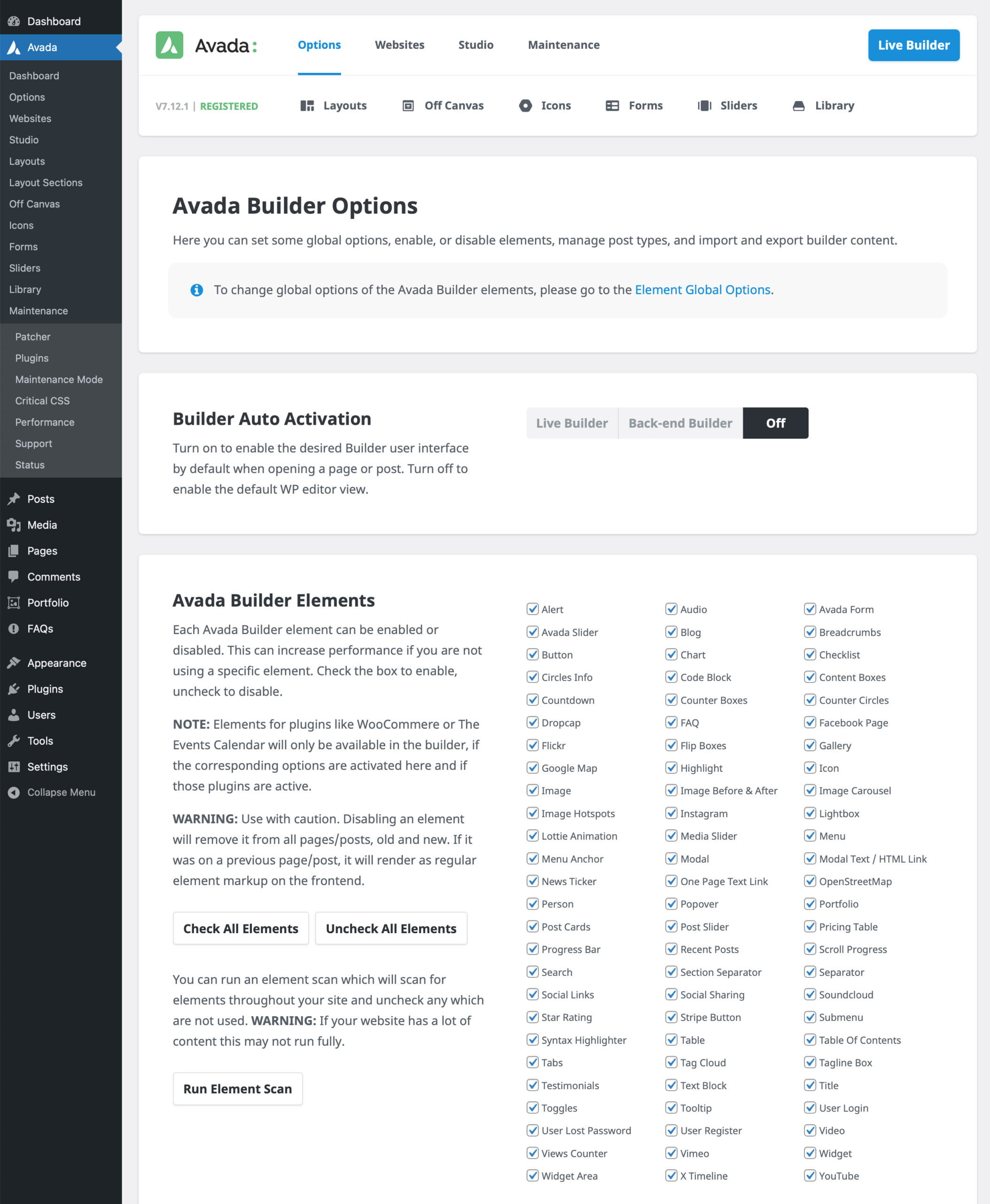 Avada Elements Activation Screen