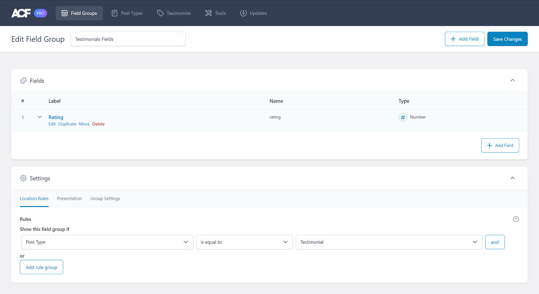 ACF > Testimonial Fields