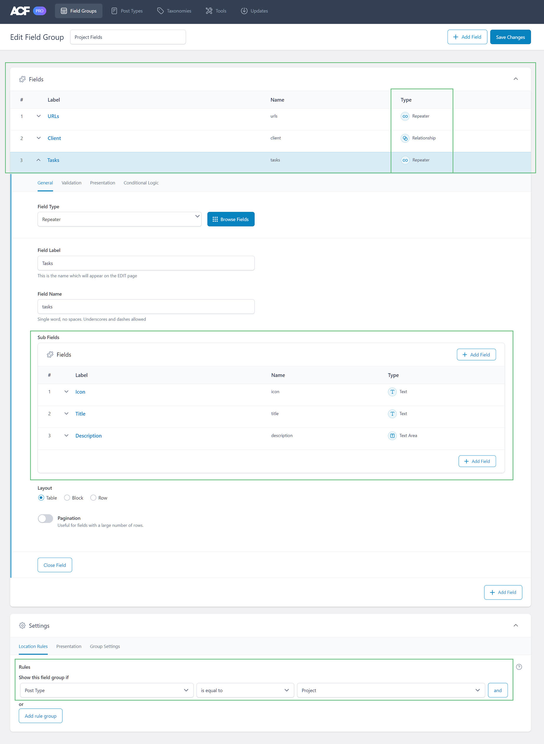 ACF > Project Fields with Fields & Sub Fields