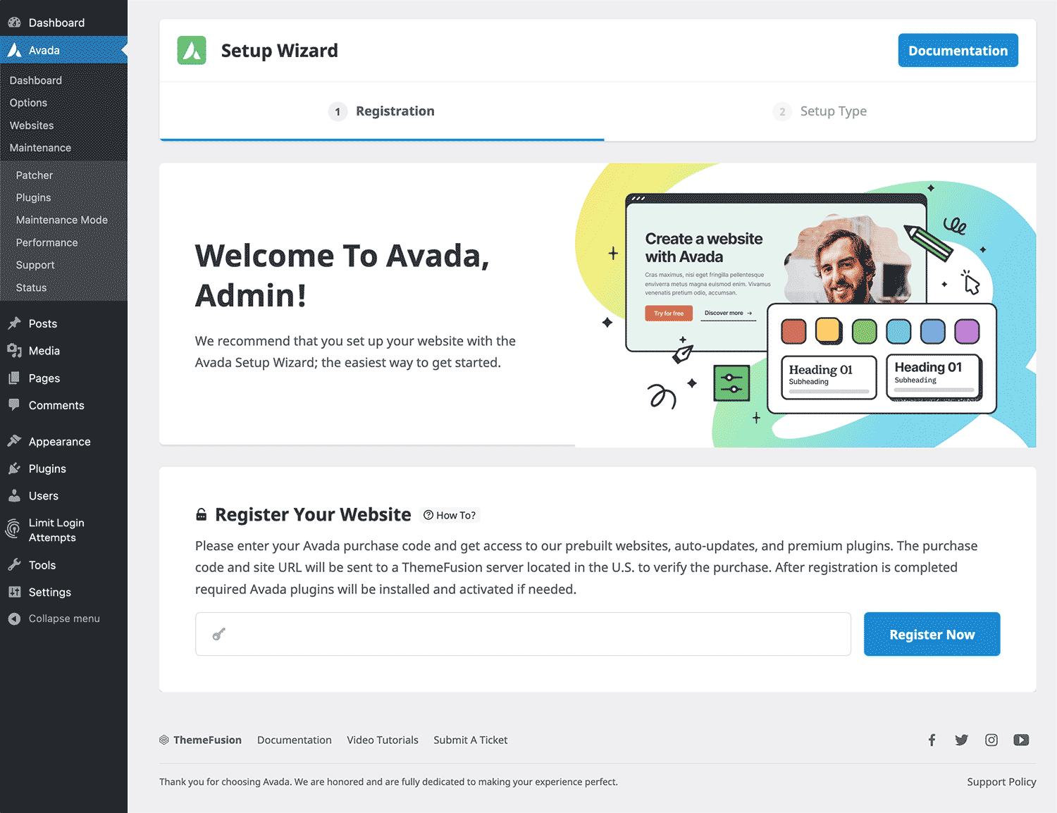 Avada Registration Screen