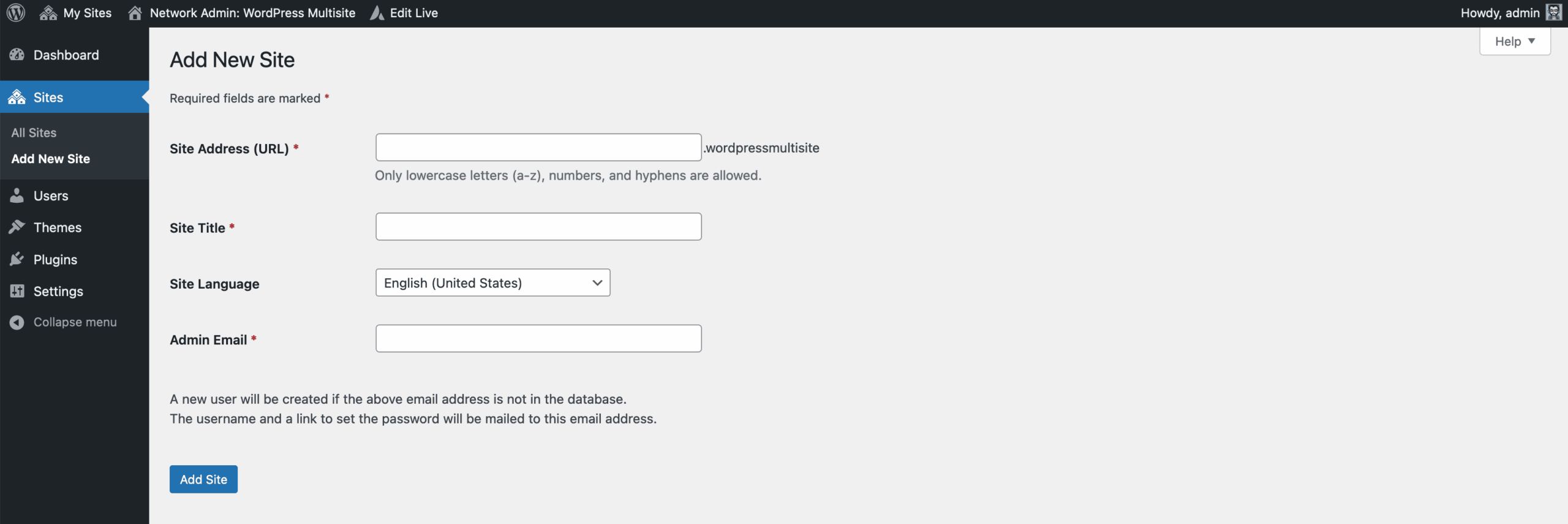 WordPress Multisite New Site Details