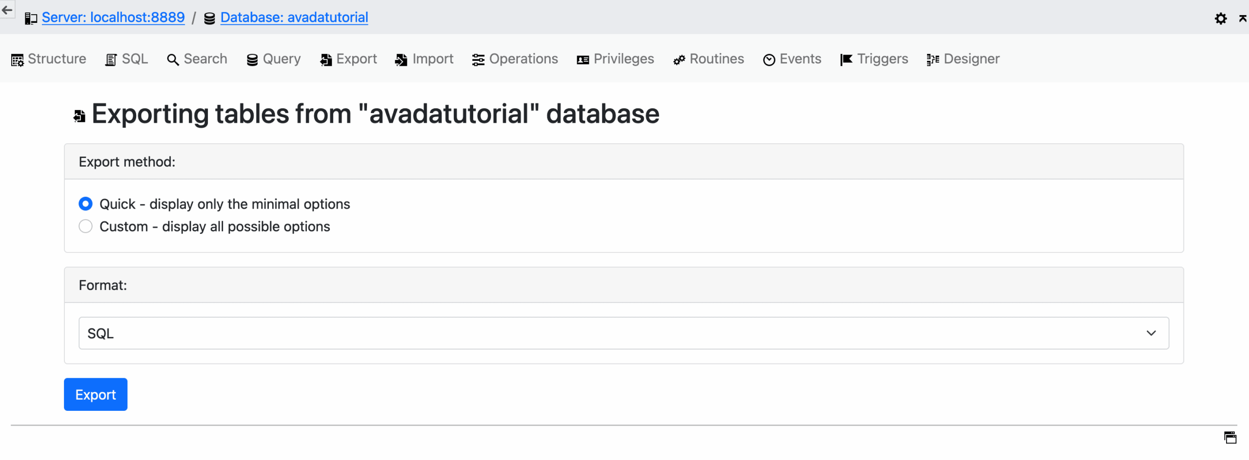 phpMyAdmin Database Export