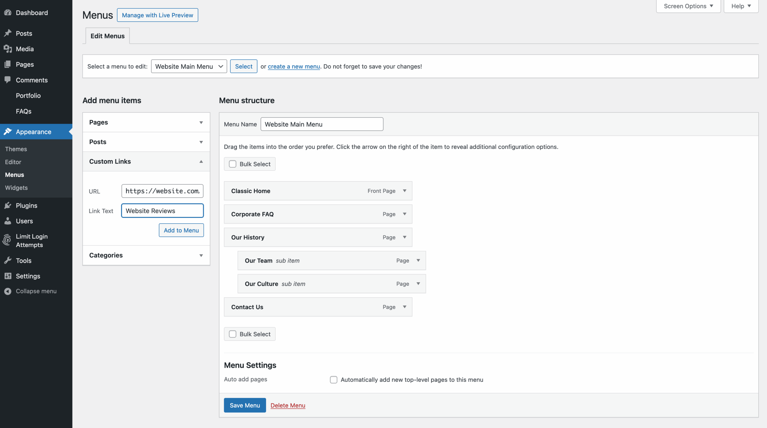 WordPress Custom Menu Link