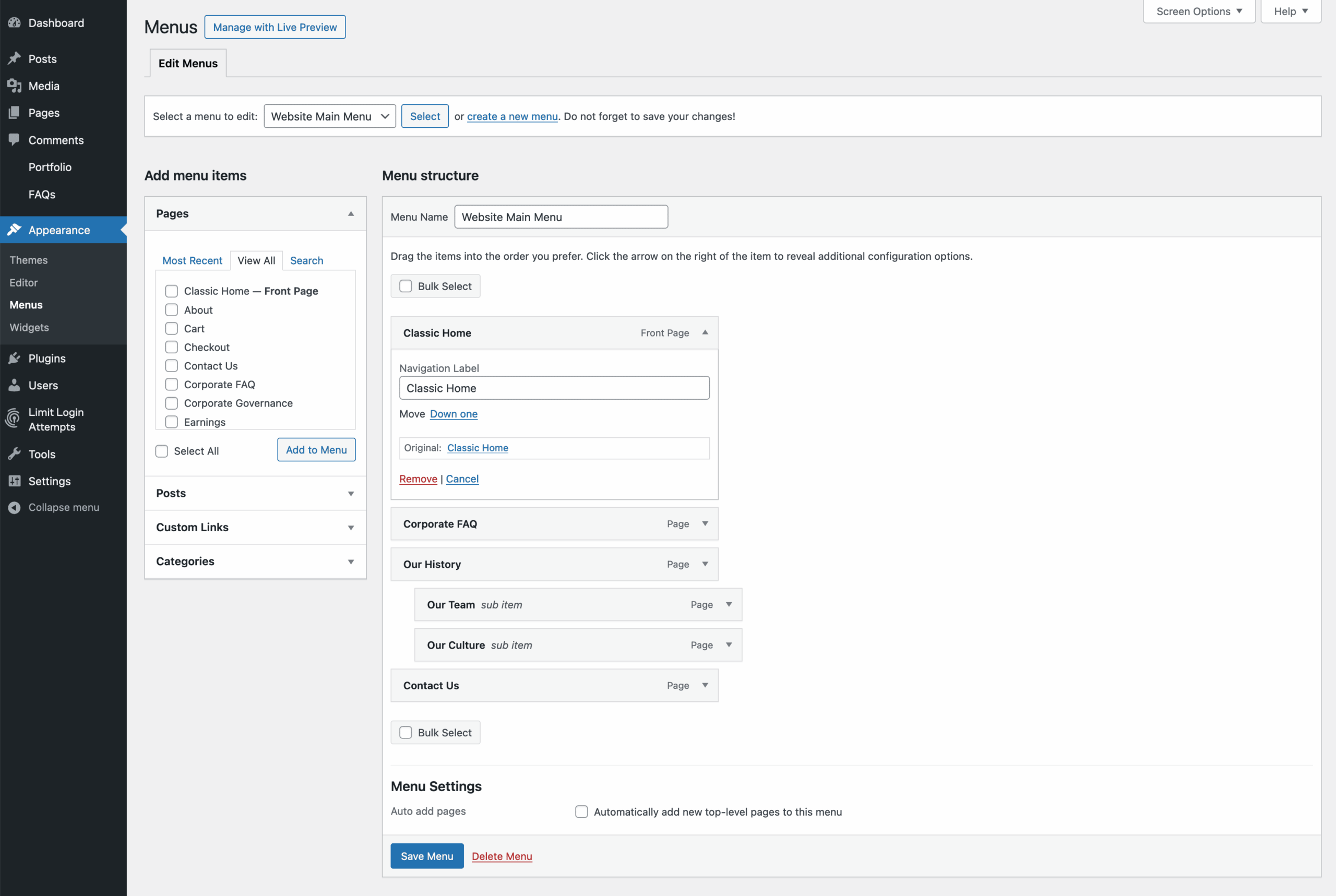 WordPress Menu Navigation Label