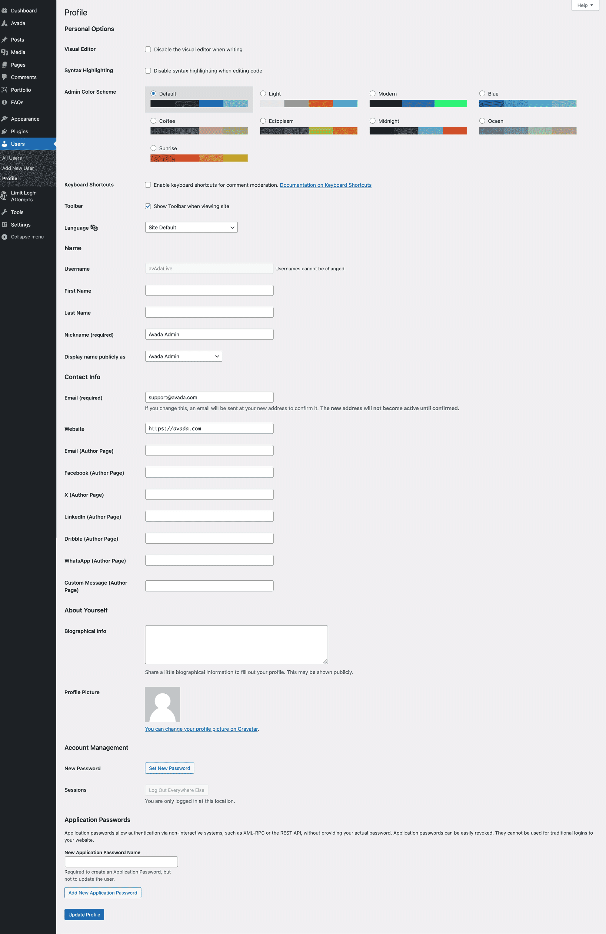 WordPress Profile Settings