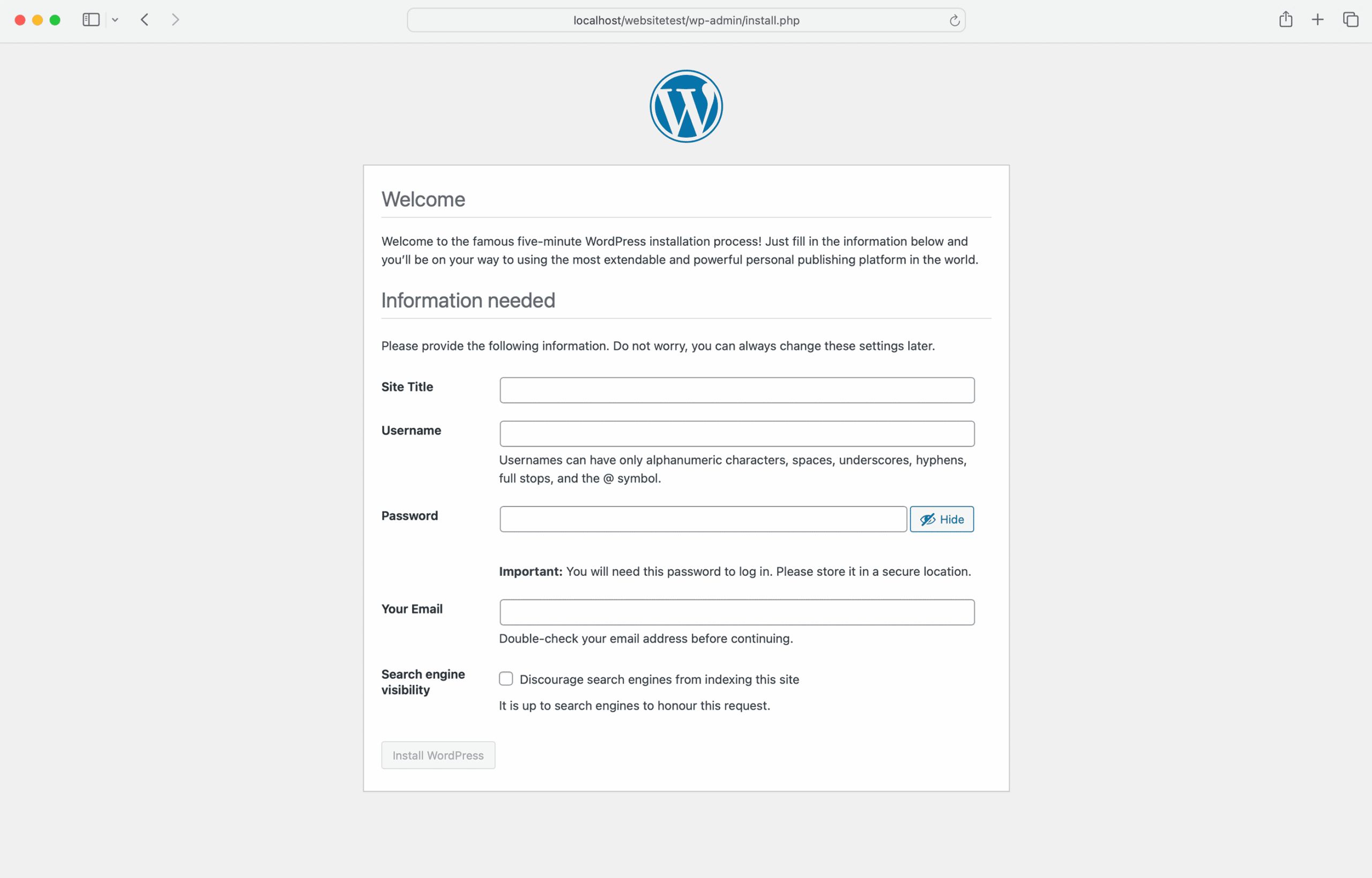 XAMPP WordPress Site Info