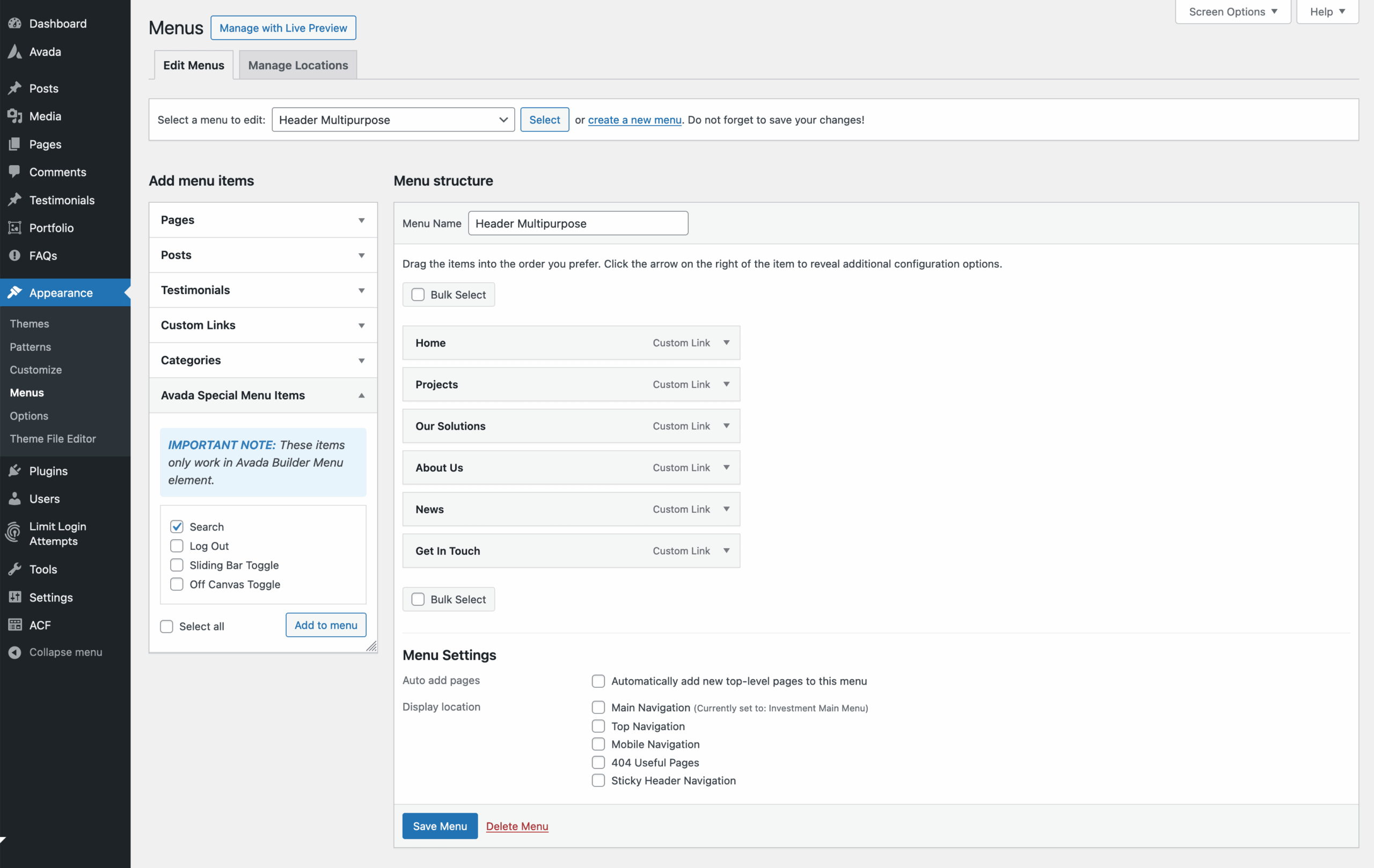 Avada Special Menu Items