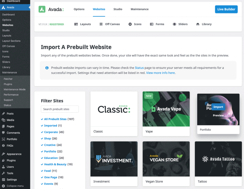 How To Choose and Import an Avada Prebuilt Website – Avada Website Builder