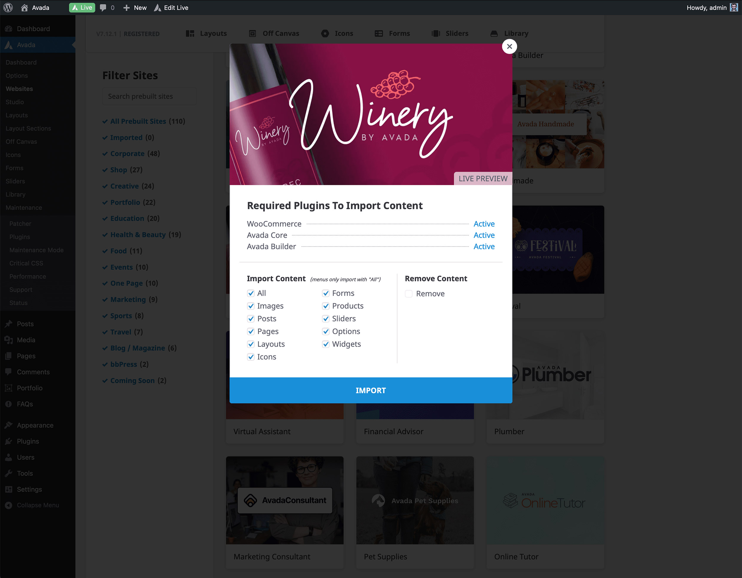 Import Avada Winery Website