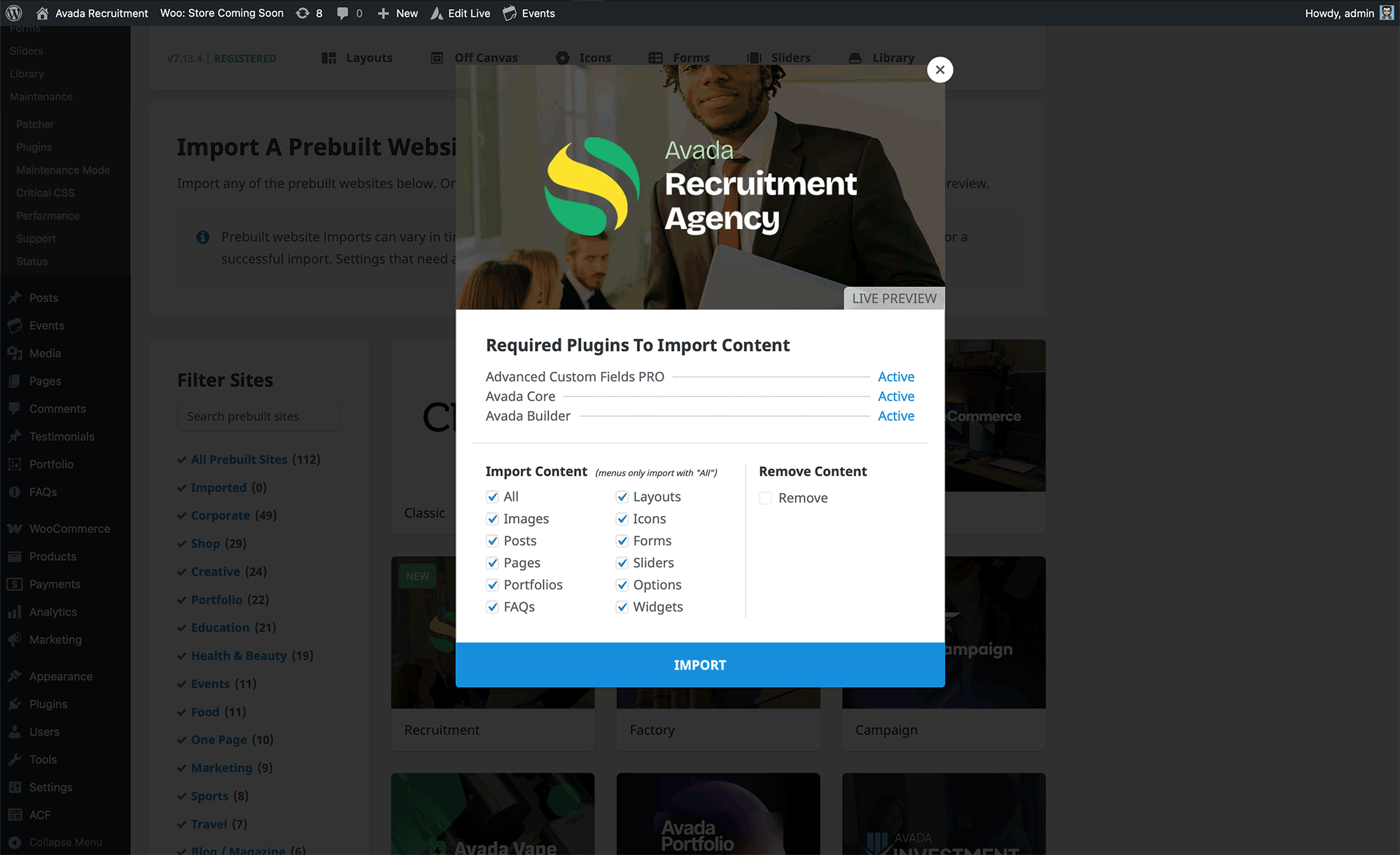 Avada Prebuilt Websites Importer