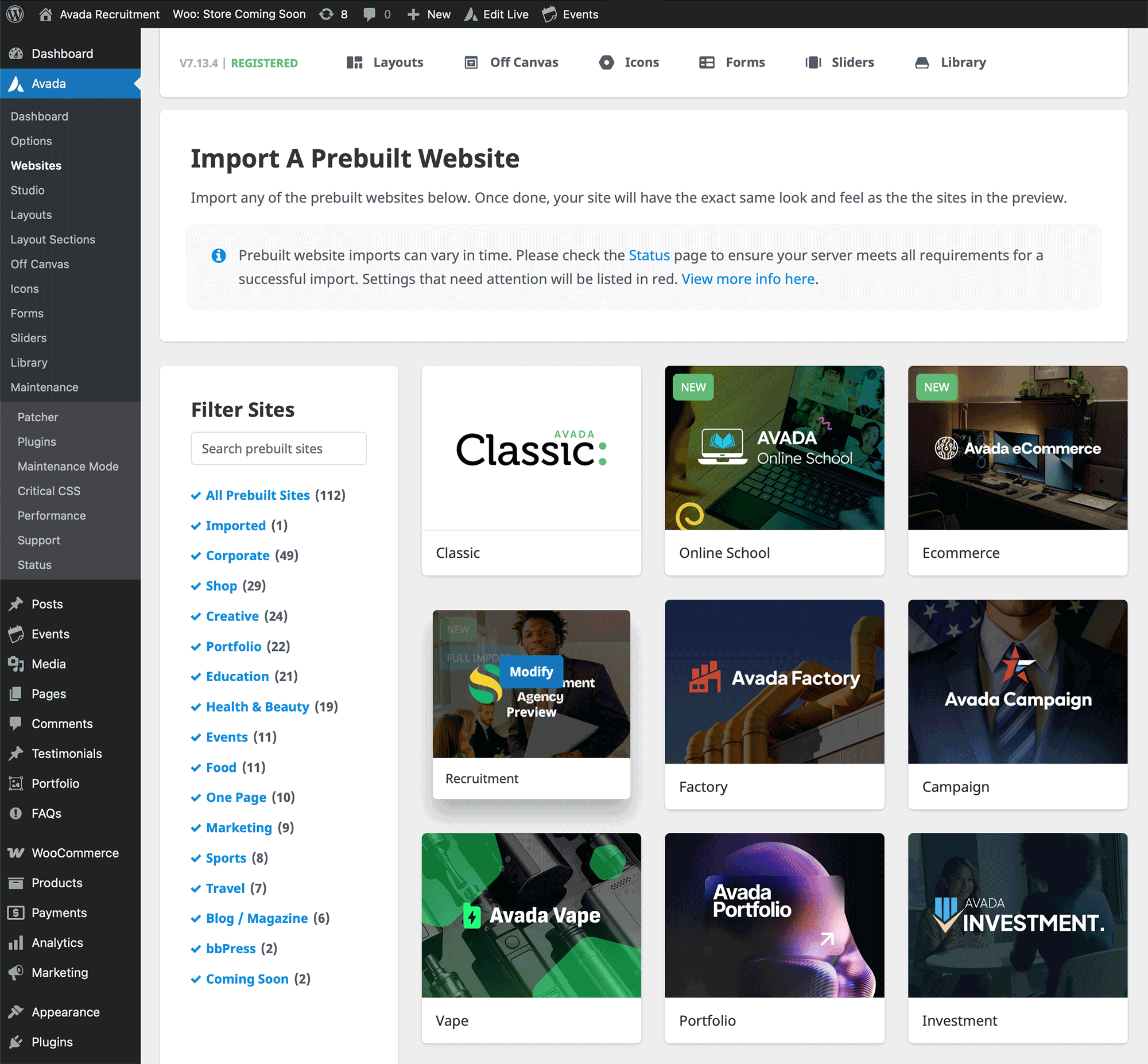 Modify Avada Prebuilt Website