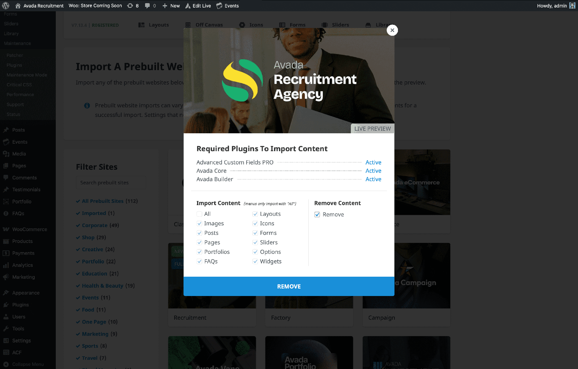 Remove Avada Prebuilt Website