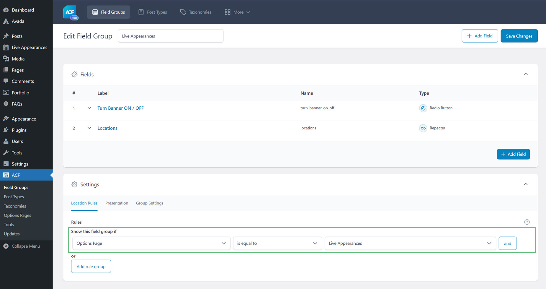 ACF Options Page > Location Rules ACF Options Page > Location Rules