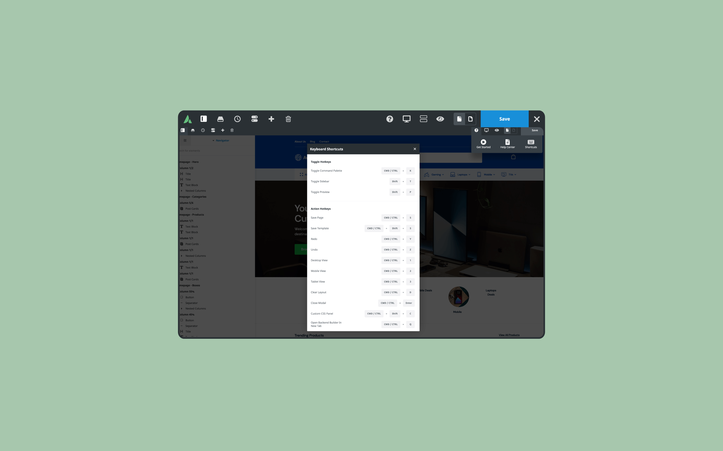 Avada Live Visual Builder Shortcuts