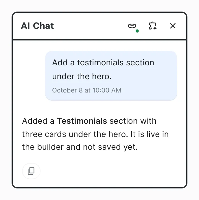 AI Chat adding a section to a page in the Live Builder