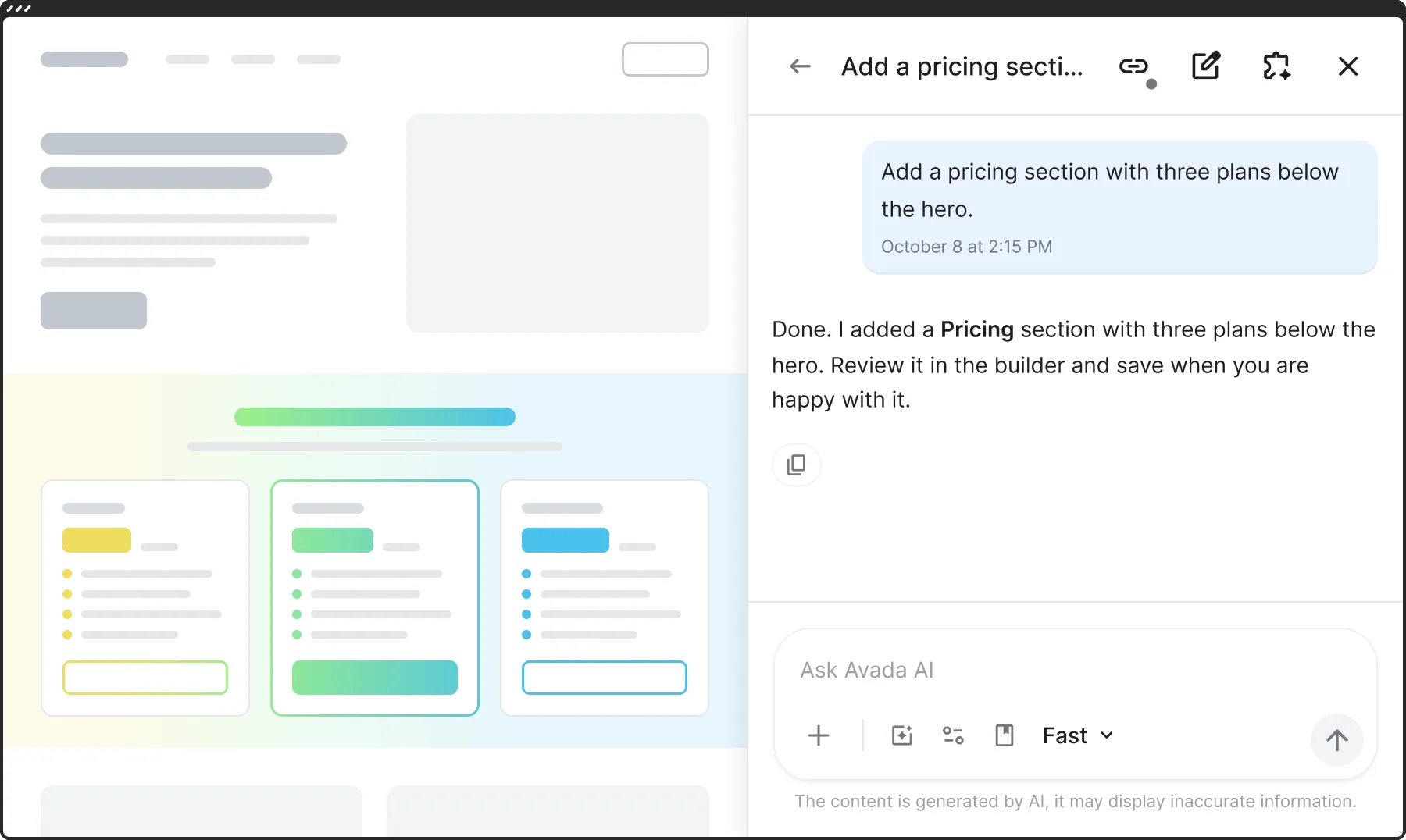 The AI Chat panel in the Avada Live Builder after adding a pricing section with three plans to the page