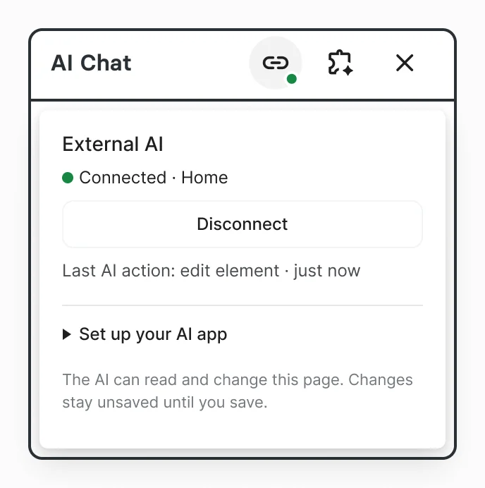 The External AI box in AI Chat, showing a connected page and the Disconnect button