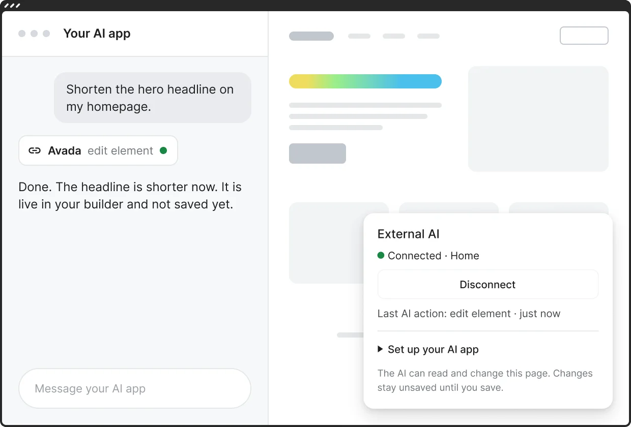 An AI app next to the Live Builder, changing the page through External AI