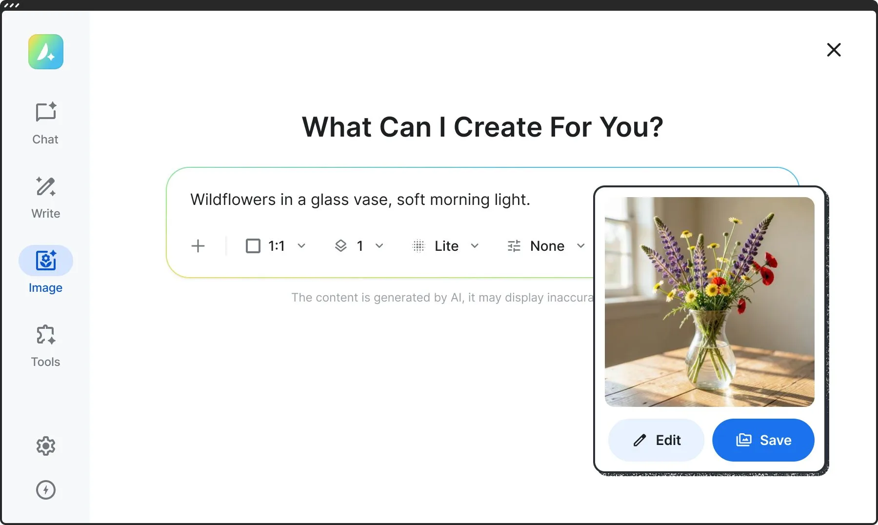 The image tool of Avada AI with a prompt and the generated picture of wildflowers in a glass vase