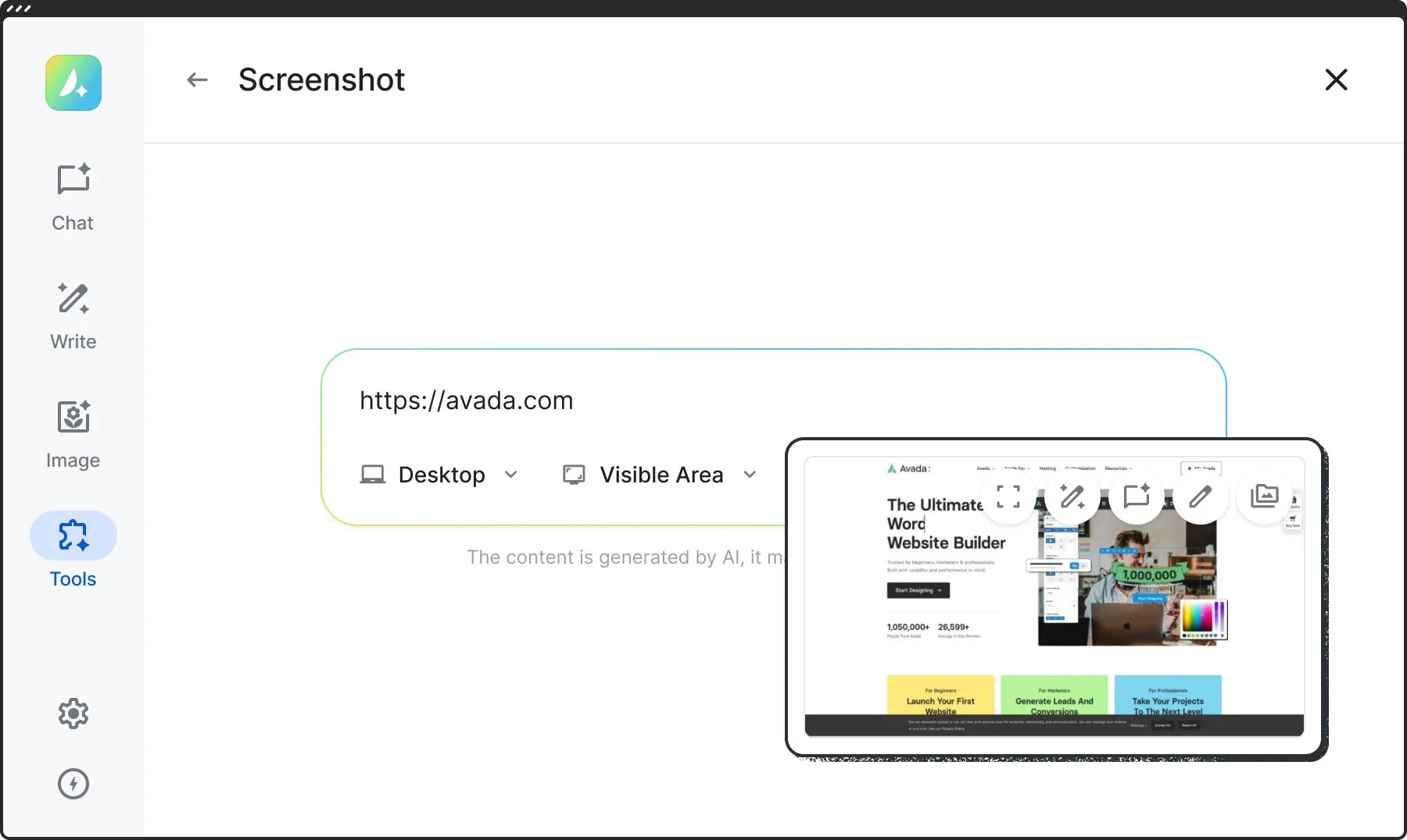 The Screenshot tool of Avada AI with a web address and the captured page