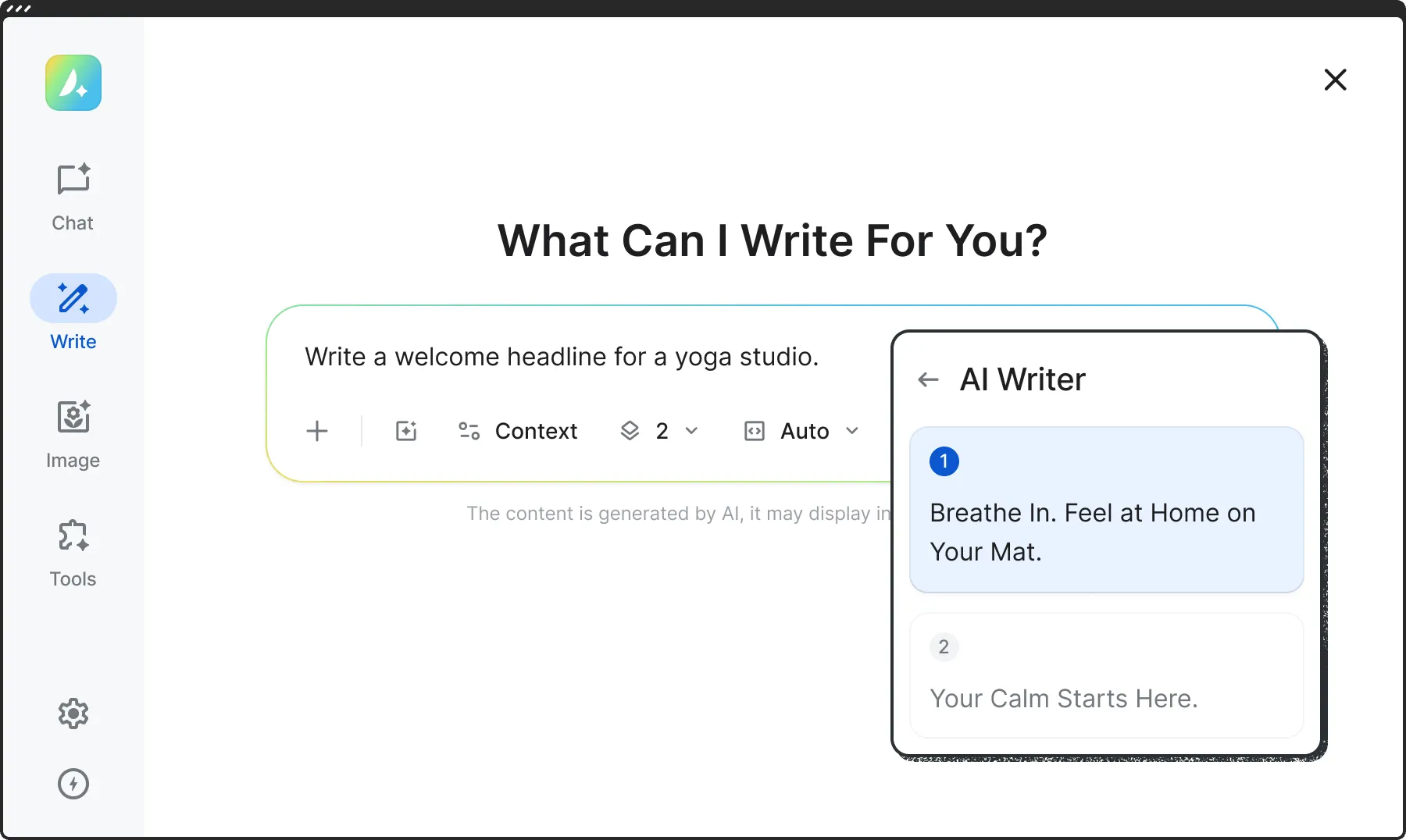 The Write Content tool with a prompt and its result