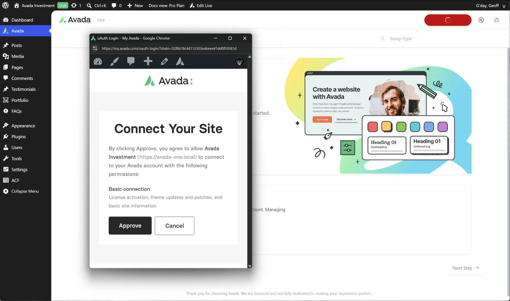 Avada > Connect Site